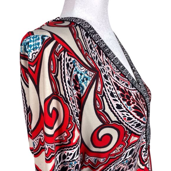 HALE BOB Paisley Jersey Shift Dress Size Medium Bohemian Long Sleeve V Neck Red - Picture 10 of 16